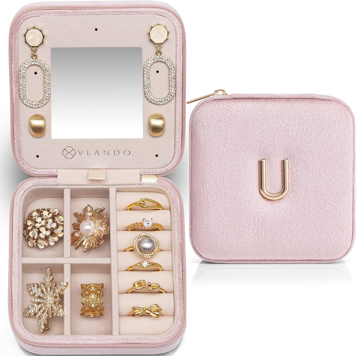 Vlando Mom Gifts for Women, Travel Jewelry Case for Mother Gifts, Travel Gifts for Mother Mom from Daughters, Travel Essentials Small Jewelry Box, Jewelry Travel Organizer - Letter U, Pink
