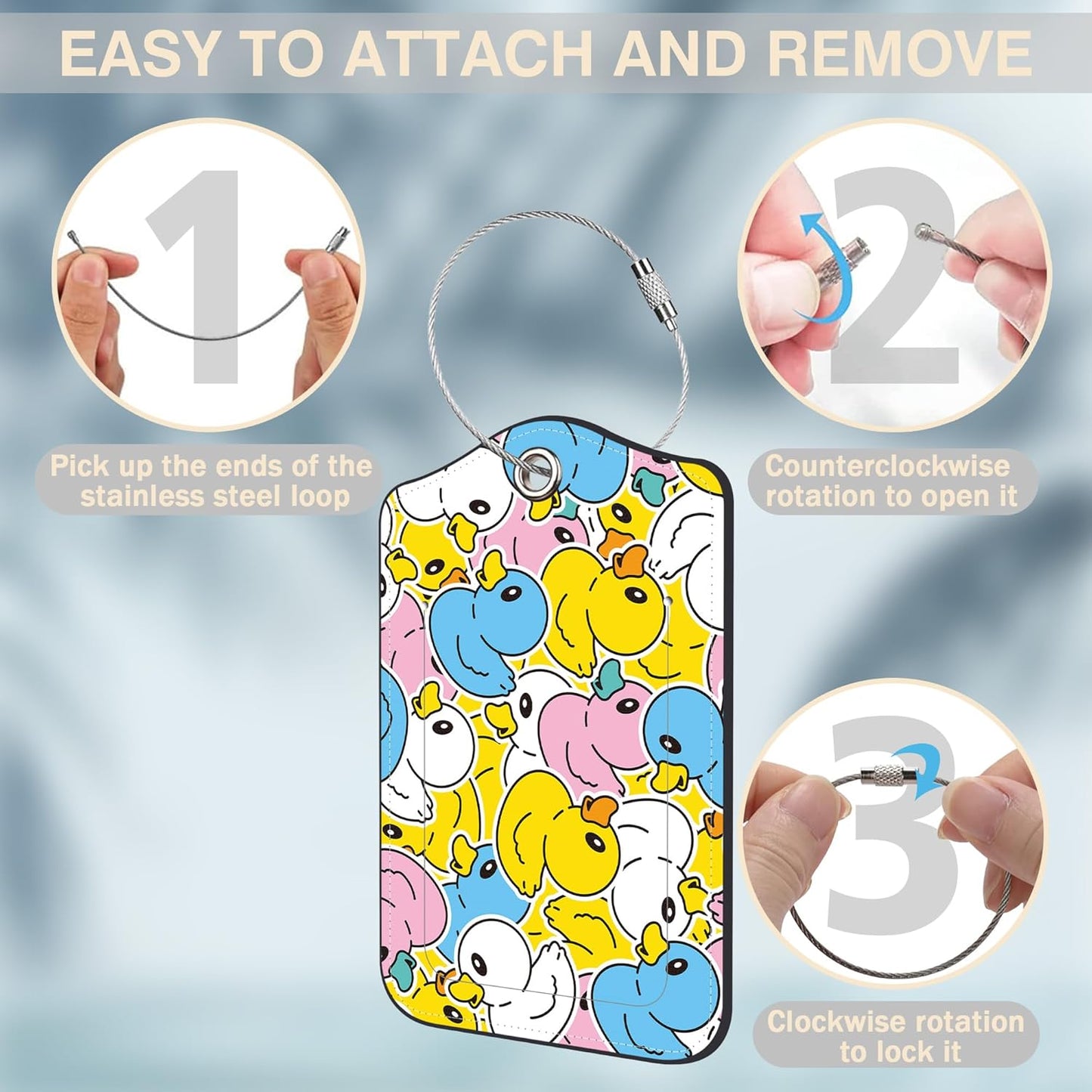 2 Pcs Cute Duck Luggage Tags for Suitcases PU Leather Baggage Tags Name ID Label with Privacy Cover and Stainless Steel Loop for Men Women Travel Bag Suitcase