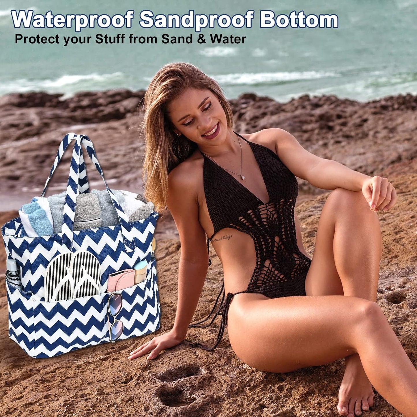 Waterproof Beach Tote Pool Bags for Women Ladies Extra Large Gym Tote Carry On Bag With Wet Compartment for Weekender Travel