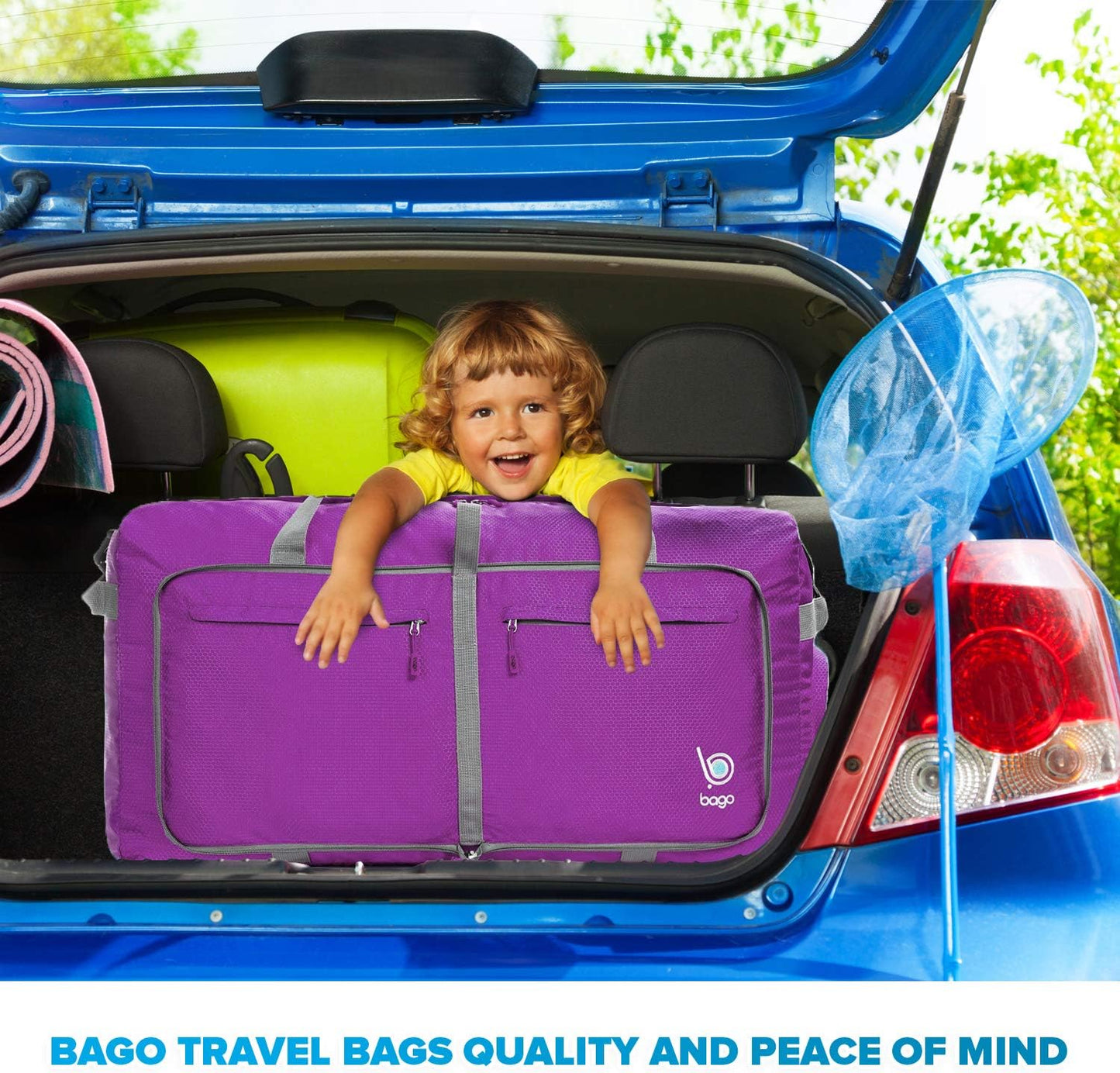 Bago Big XXL Foldable Duffel Bags for Traveling Women & Men - 140L Packable Duffle Bag for Travel with Shoe Compartment - Water Repellant, Heavy Duty, Lightweight Folding & Collapsible (Purple)