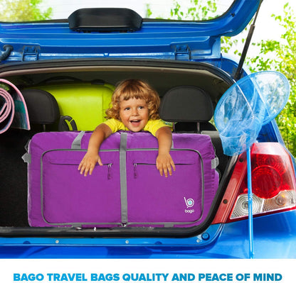 Bago Big XXL Foldable Duffel Bags for Traveling Women & Men - 140L Packable Duffle Bag for Travel with Shoe Compartment - Water Repellant, Heavy Duty, Lightweight Folding & Collapsible (Purple)