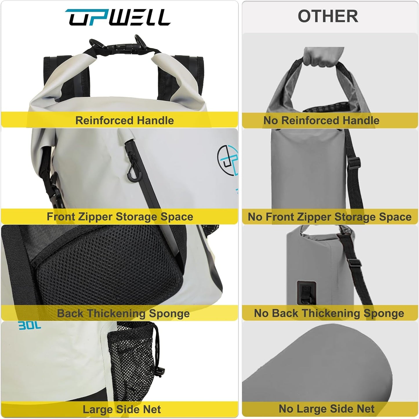 UPWELL Waterproof Dry Bag 30L Boating Backpack for Travel Hiking Camping Bags for Kayaking Hiking Waterproof Bags Swimming Floating Submersible Dry Bag Grey&White