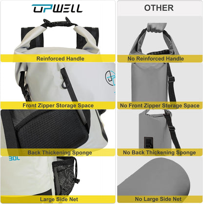 UPWELL Waterproof Dry Bag 30L Boating Backpack for Travel Hiking Camping Bags for Kayaking Hiking Waterproof Bags Swimming Floating Submersible Dry Bag Grey&White