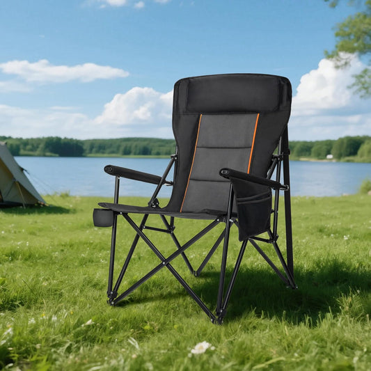 HIGH POINT SPORTS Oversized Folding Camping Chairs for Adults, High Backrest Heavy Duty Lawn Chairs Support 500 LBS Portable Collapsible Camp Chairs with Cup Holders,Side Pocket, 2 Pack, Black