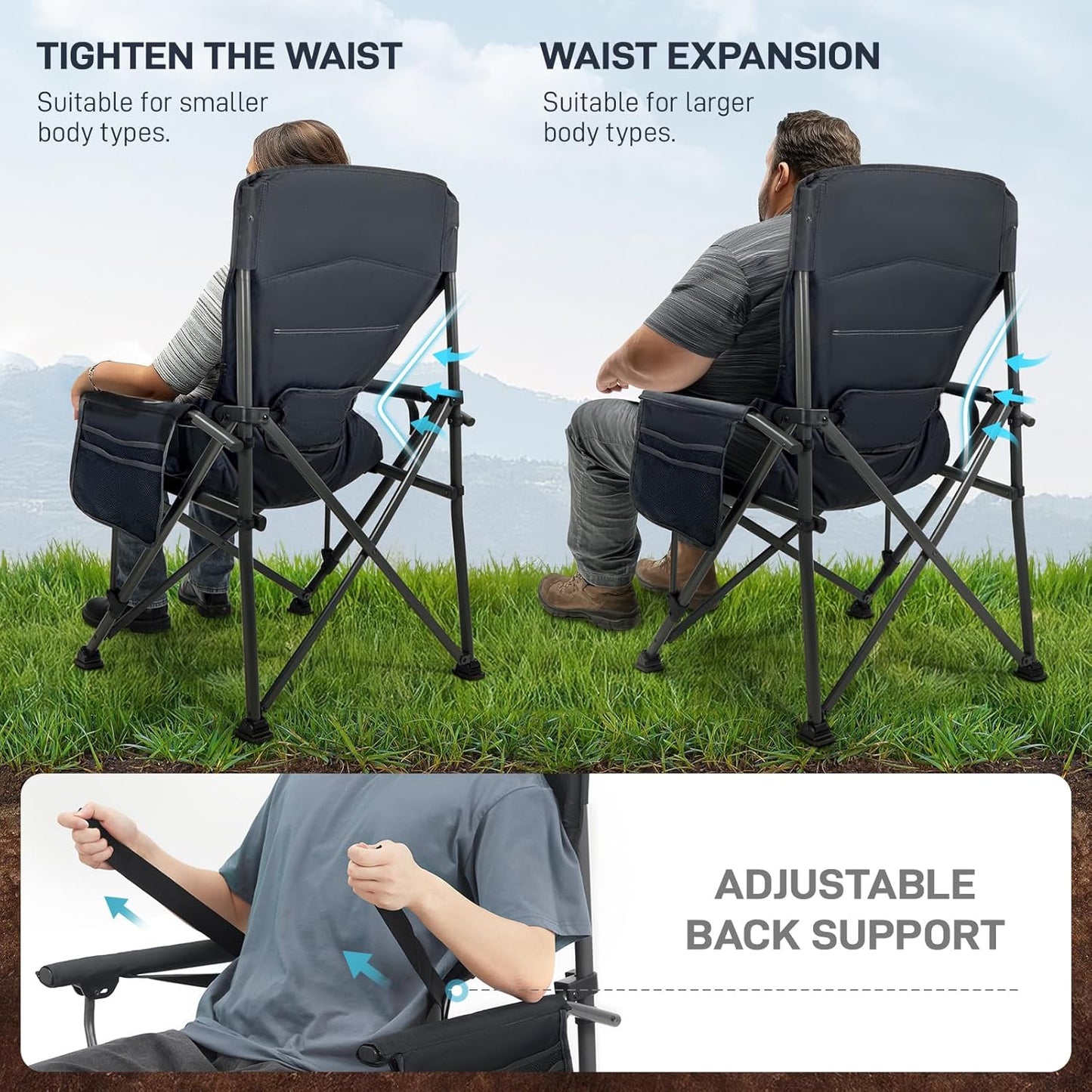 EVER ADVANCED Oversized Folding Camping Chair for Adults with Adjustable Lumbar Support, Heavy Duty Chair with Side Pockets, Portable Collapsible Quad Chair for Outside