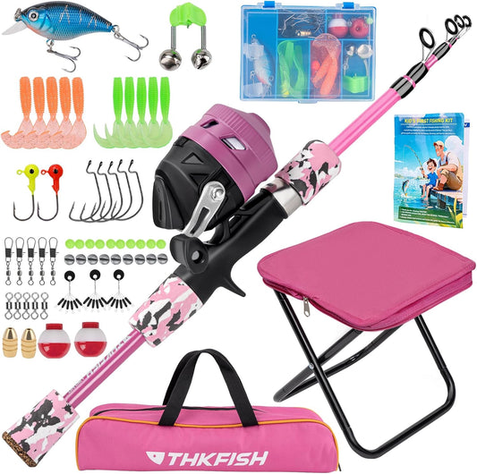 Kids Fishing Pole Set, Telescopic Fishing Rod Reel Combo Kids Starter Kit with Lures Tackle Box, Foldable Stool and Portable Bag for Boys Girls Younth