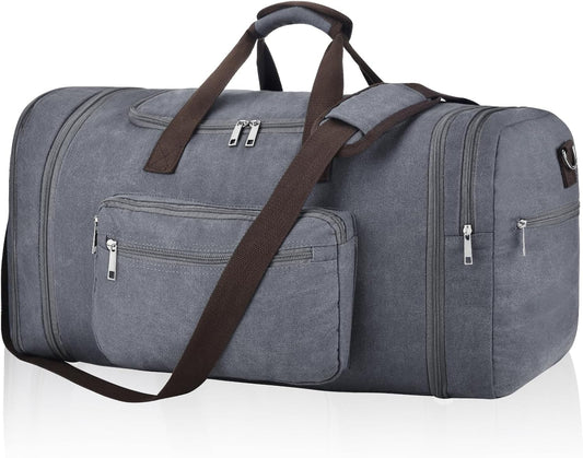 Felipe Varela 60L Duffle Bag for Men, Large Expandable Canvas Duffel Bag for Travel, Mens Carry On Luggage Bag Traveling Weekender Gym Overnight Bags for Airplanes, Grey