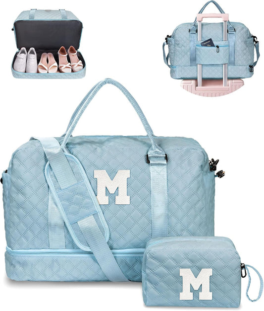 Gifts for Daughter - Personalized Kids Weekender Bag with Shoe Compartment, Monogram Overnight Bag, Travel Bag with Makeup Bag, Sister, Friend, Girlfriend Gifts (Letter M)