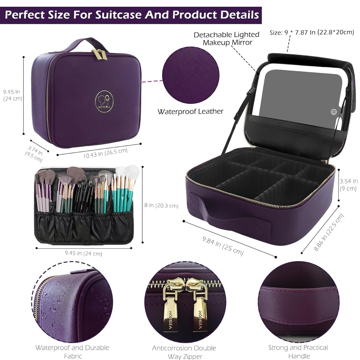 MOMIRA Travel Makeup Bag Cosmetic Bag with Lighted Mirror, Adjustable Brightness in 3 Color Scenarios, Waterproof, 10x Magnifying Mirror, Rotatable Independent Light Mirror- Deep purple (Solid)