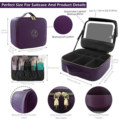 MOMIRA Travel Makeup Bag Cosmetic Bag with Lighted Mirror, Adjustable Brightness in 3 Color Scenarios, Waterproof, 10x Magnifying Mirror, Rotatable Independent Light Mirror- Deep purple (Solid)