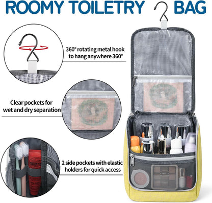 Travel Hanging Toiletry bag for Men & Women, Water-resistant Sturdy Nylon Toiletries Organizer for Cosmetics, Makeup Brushes, Shaving Tools, Bathroom Bag, Yellow