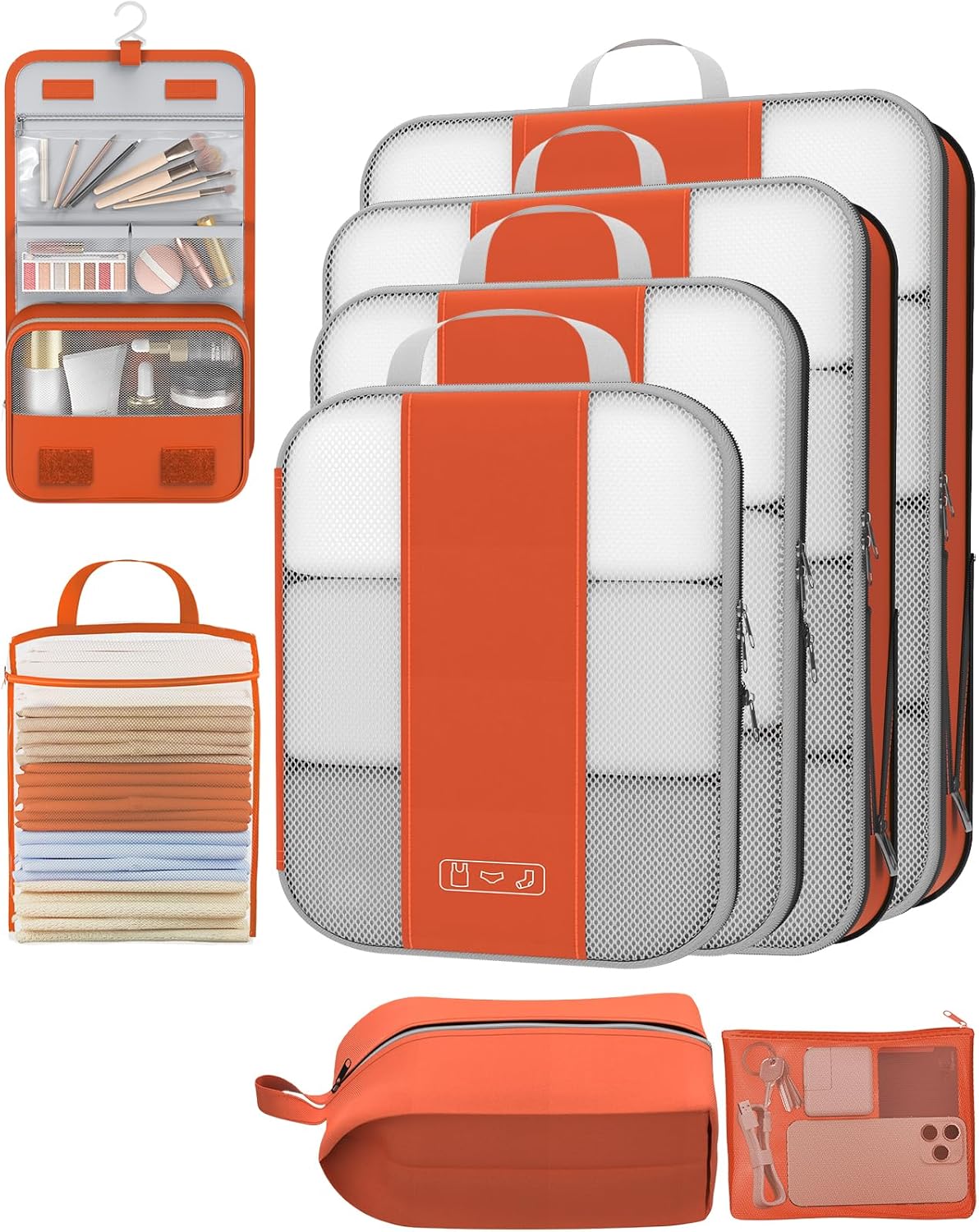 8 Set Compression Packing Cubes for Travel Essentials,Compressible Expandable Packing Cubes for Suitcase,OlarHike Luggage Organizer Bags for Travel,Handy Helper for Organizing Clothes(Orange)