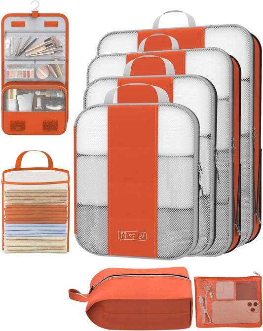 8 Set Compression Packing Cubes for Travel Essentials,Compressible Expandable Packing Cubes for Suitcase,OlarHike Luggage Organizer Bags for Travel,Handy Helper for Organizing Clothes(Orange)