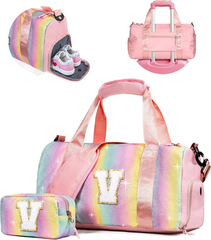 Valentines Day Gifts for Her-Girl Gym Bag with Shoe Compartment, Kid Personalized Weekender Overnight Bags, Initial Travel Tote with Makeup Pouch, Girls Kids Easter Gift (Letter V)