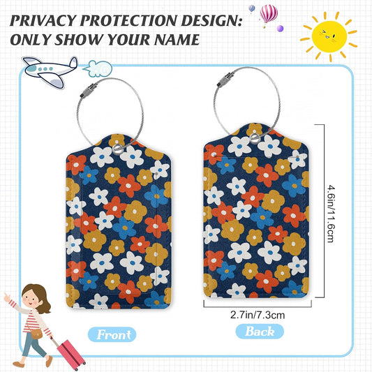 3 Pack Luggage Tag for Suitcase,Vintage Groovy Flowers Leather Luggage Tags with Privacy Cover Name ID Label Identifiers Travel Bag Tags for Women Men Boys Girls
