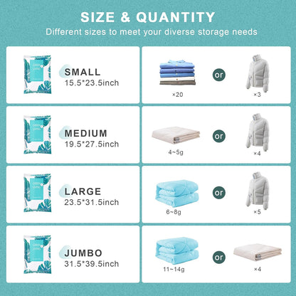 20 Pack Vacuum Storage Bags for Clothing Travel with Electric Pump, 4 Sizes Jumbo/Large/Medium/Small Space Saver Bags Vacuum Sealed for Luggage Blankets, Vacuum Seal Bags for Bedding Comforters