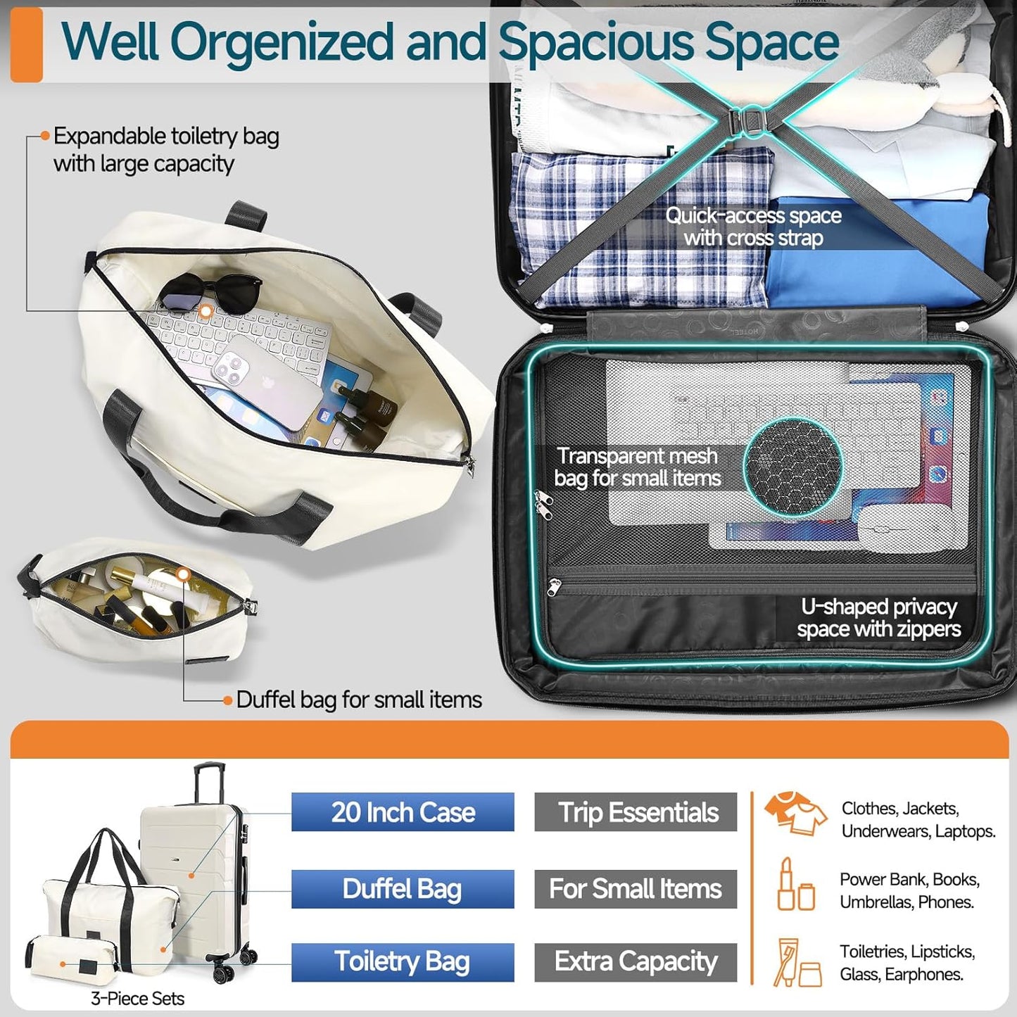 Hoteel Luggage Sets 3 Piece, ABS+PC Hard Shell Expandable Suitcases with Wheels, TSA Aproved Lock and Carry on Bags, Travel Suit Case Set for Men and Women, (3-Piece, Beige)