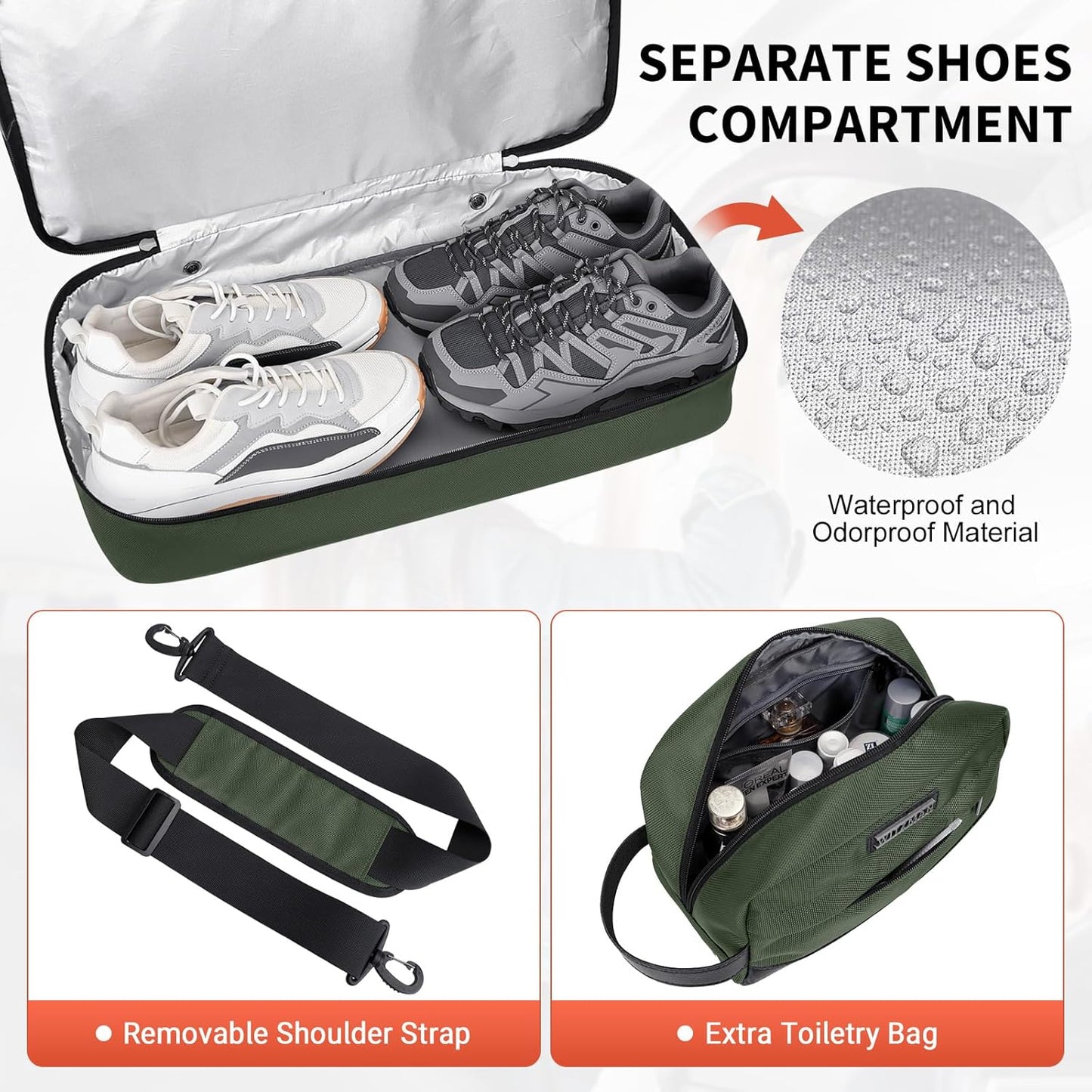 WITZMAN Travel Duffle Bags for Men Weekender Bags with Toiletry Bag Sets Carry On Overnight Bag 55L （B696 Army Green）