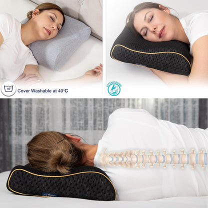 Travel & Camping Comfortable Memory Foam Pillow – Easy to Carry Portable Bag – Temperature Regulating Pillow Case (Black Contour + Extra Cover)