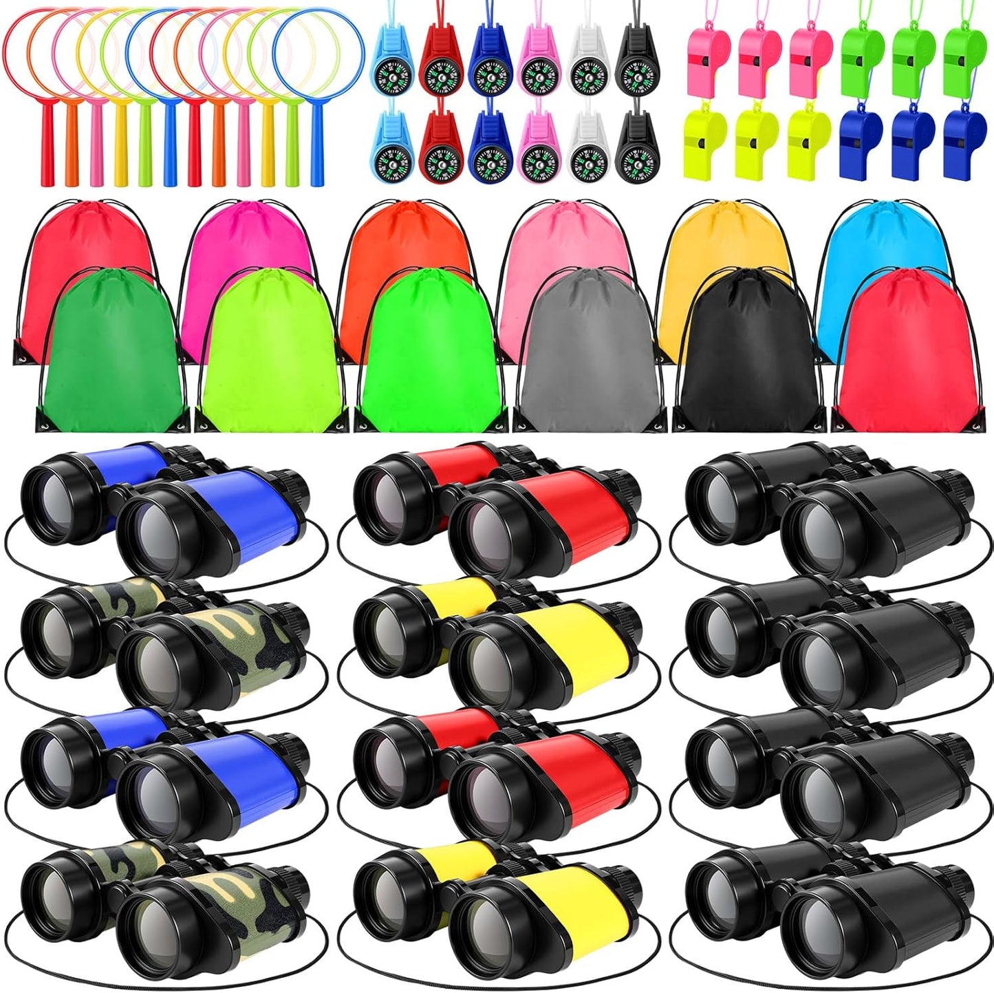 12 Set Binocular Compass Magnifying Glass Set Christmas Birthday Gift Small Telescope Binocular with Whistle Bag for Outdoor Exploring Stocking Stuffer(Cute Color,Funny)