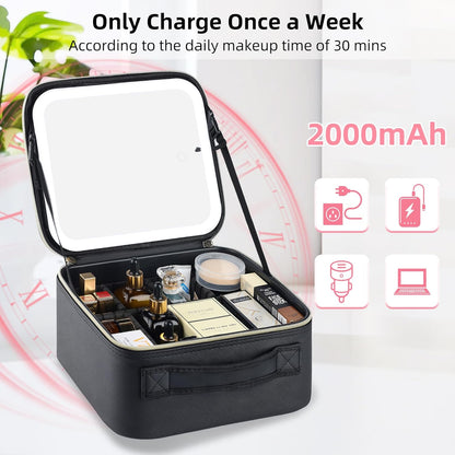 Travel Makeup Bag with LED Mirror – Waterproof Cosmetic Train Case with Adjustable Dividers, Portable Makeup Organizer and Toiletry Bag for Women, Pink Teens & Girls Gift