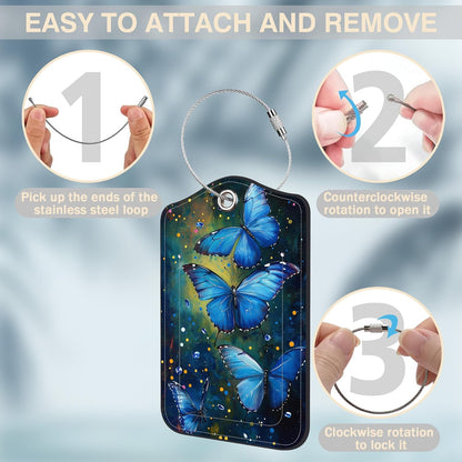 2 Pcs Watercolor Blue Butterfly Luggage Tags for Suitcases PU Leather Baggage Tags Name ID Label with Privacy Cover and Stainless Steel Loop for Men Women Travel Bag Suitcase