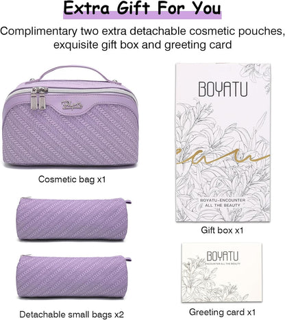 BOYATU Travel Makeup Bags for Women: Large Cosmetic Bag Waterproof - Vegan Leather Make up Bag Set of 3 - Compact Toiletry Organizer with Compartments & Handle & Divider (Z-Purple)