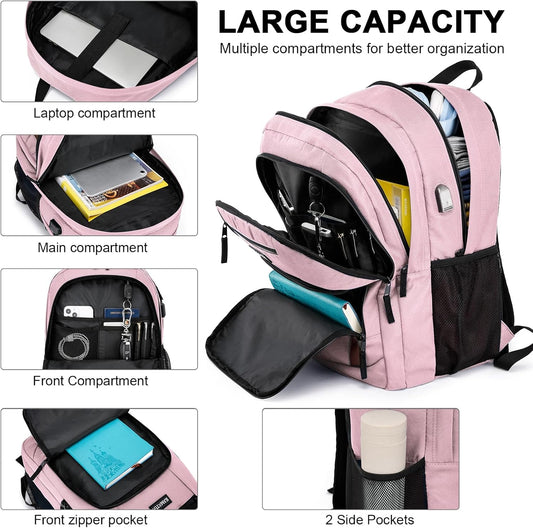Pink Backpack for School, School BackPack for Teens, Boys and Girls, with 15.6 inch Laptop Bookbag for College High School, Large Computer Back Pack with Compartments for Men & Women