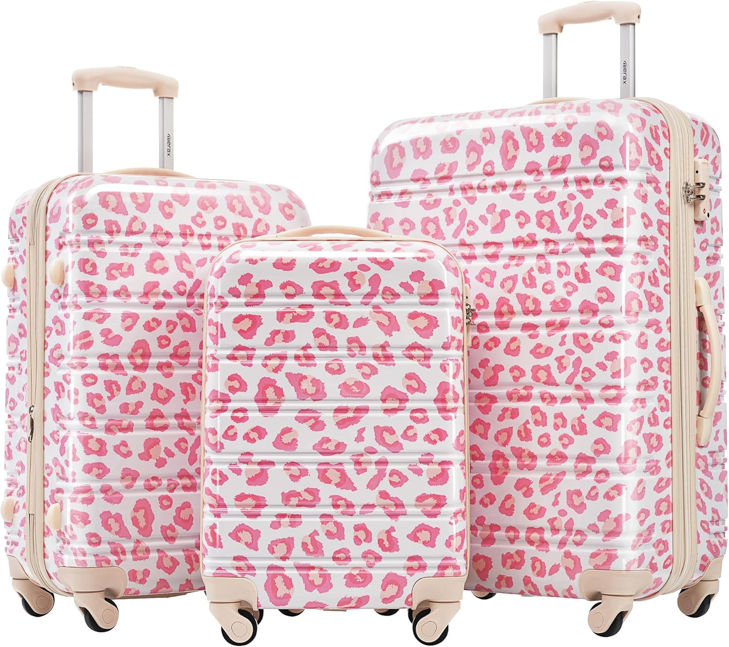 Merax Luggage Sets 3 Piece, Hardside Expandable Suitcase Set with Spinner Wheels, Lightweight Leopard Luggage 20+24+28 IN, Leopard Pink