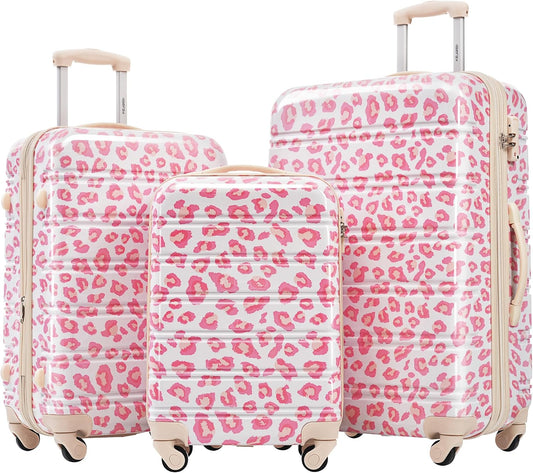 Merax Luggage Sets 3 Piece, Hardside Expandable Suitcase Set with Spinner Wheels, Lightweight Leopard Luggage 20+24+28 IN, Leopard Pink