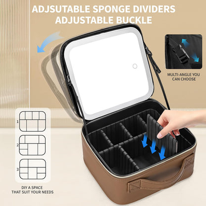 Travel Makeup Bag with LED Mirror – Waterproof Cosmetic Train Case with Adjustable Dividers, Portable Makeup Organizer and Toiletry Bag for Women, Pink Teens & Girls Gift