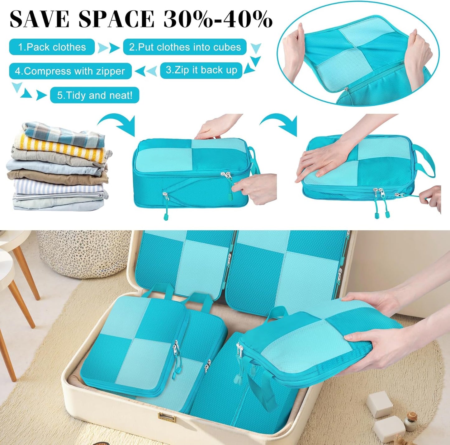 8 Set Compression Packing Cubes Travel, Lightweight Expandable Travel Cubes Suitcase Organizer for Carry On Luggage Suitcase, Turquoise