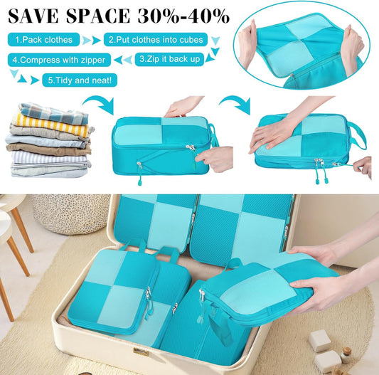 8 Set Compression Packing Cubes Travel, Lightweight Expandable Travel Cubes Suitcase Organizer for Carry On Luggage Suitcase, Turquoise