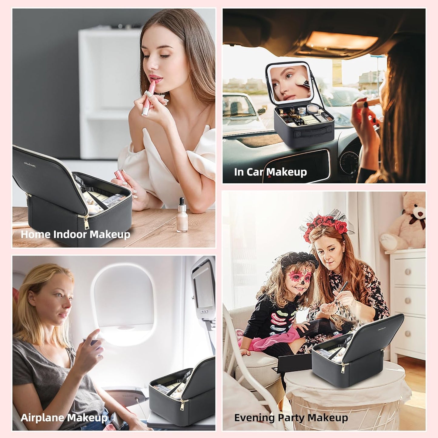 Travel Makeup Bag with LED Mirror – Waterproof Cosmetic Train Case with Adjustable Dividers, Portable Makeup Organizer and Toiletry Bag for Women, Teens & Girls Gift, Black