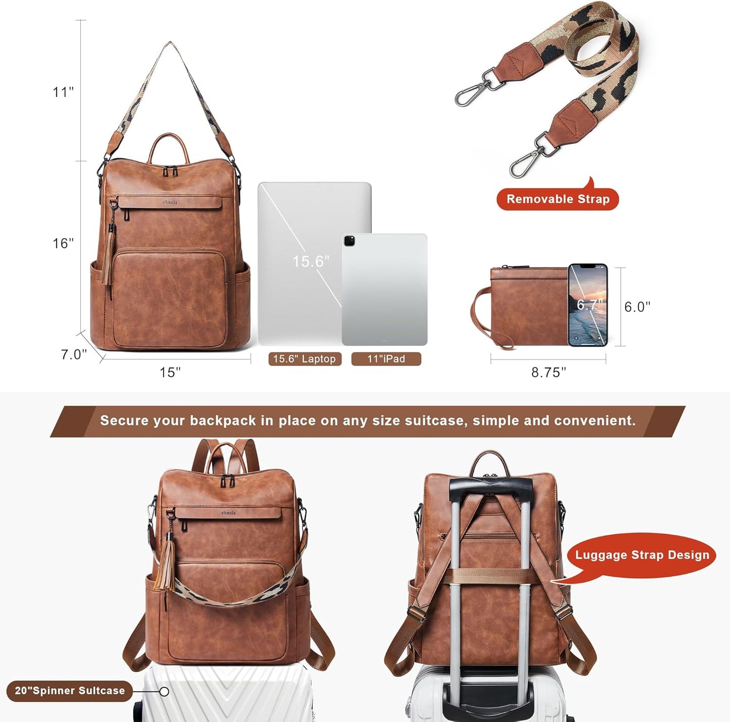 Shrrie Vegan Leather Laptop Backpack for Women 15.6 inch Work Backpack Fashion Travel Backpack Purse for Travel College Work