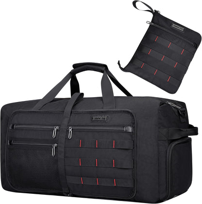 WITZMAN Foldable Duffle Bag for Travel 65L Lightweight Packable Duffel Bag with Shoes Compartment Overnight Bag for Men Women (B697 Black)