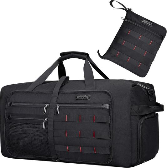 WITZMAN Foldable Duffle Bag for Travel 65L Lightweight Packable Duffel Bag with Shoes Compartment Overnight Bag for Men Women (B697 Black)
