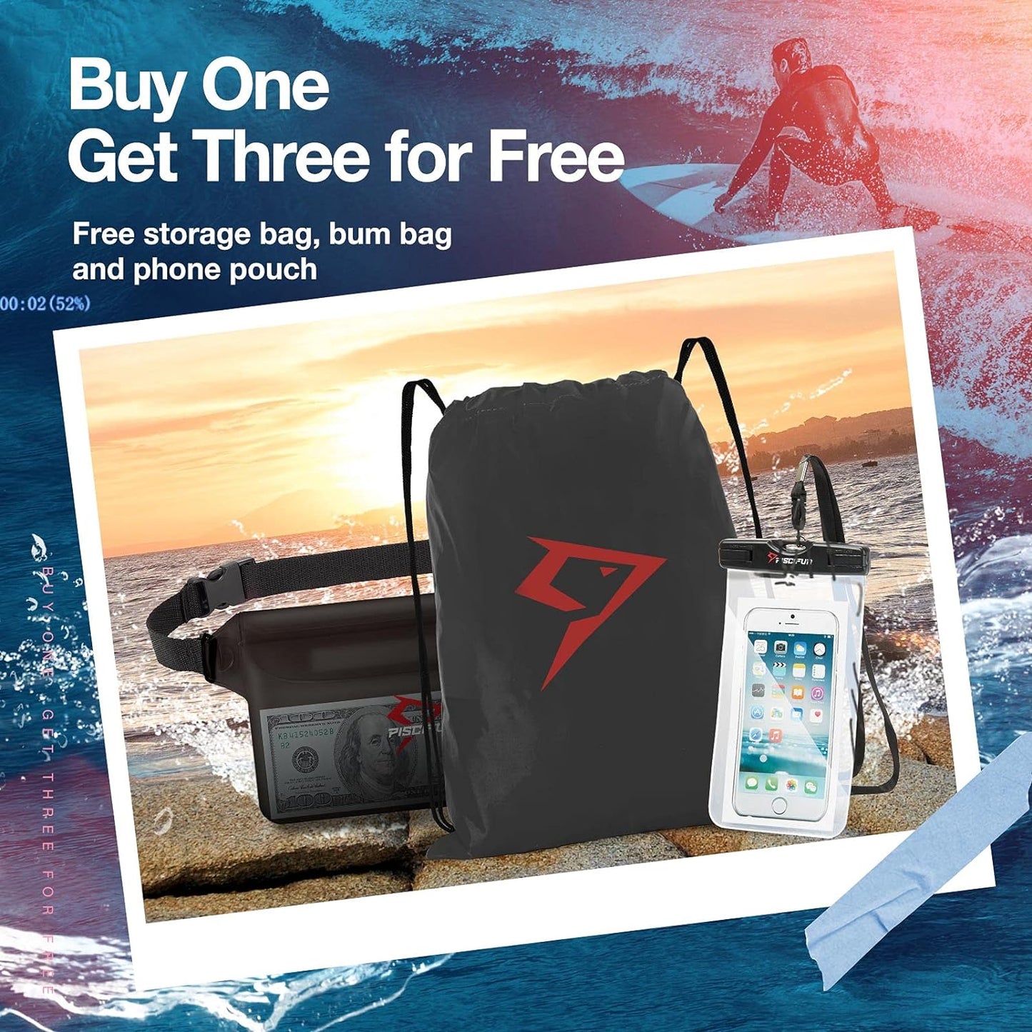 Piscifun Dry Bag Waterproof, Lightweight Dry Backpack Roll-Top Sealed with Waist Pouch and Phone Case Keeps Gear Dry Inside for Kayaking, Boating 10L 20L 30L