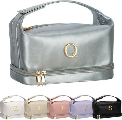 Appreciation Gifts for Woman, Personalized Makeup Bag with Handle, Initial Double Layer Cosmetic Bag with Makeup Brush Organizer, Cute Cosmetic Pouch for Women, Gift Ideas for Teen Girls