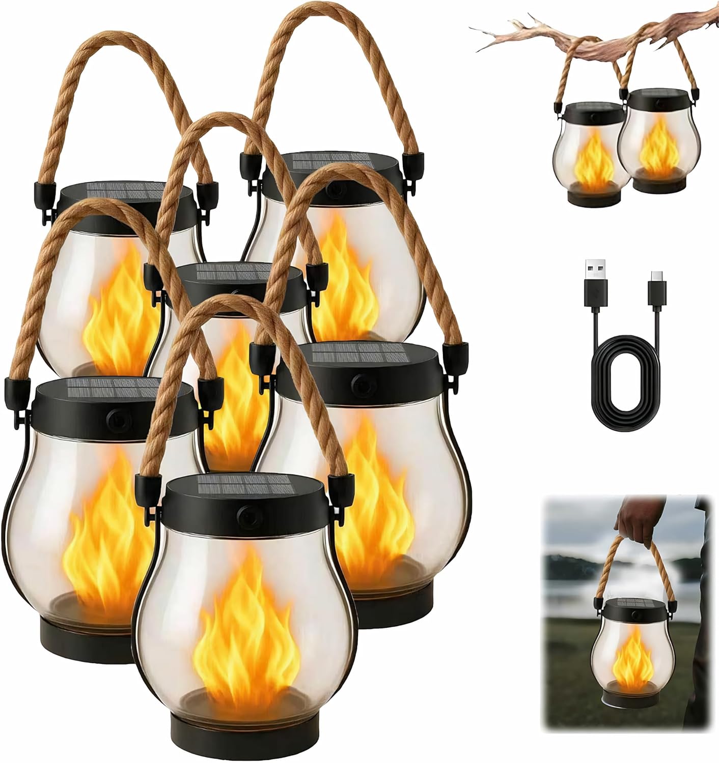 Kaliqo Solar Lantern Outdoor Lights Solar Lantern Waterproof Flickering Flame Hanging Lanterns for Patio Yard Garden Decor (6 Pcs)