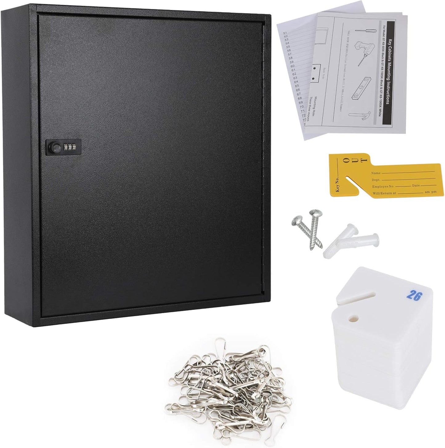 KYODOLED Key Cabinet Lock Box with Code, Wall Mount Key Storage Box with Combination Lock, Hooks & Labels, (Black, 200 Key)