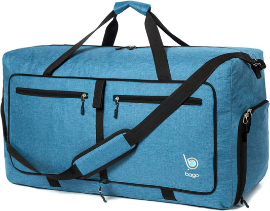 Bago Foldable Duffel Bags for Traveling Women & Men - 60L Medium Packable Duffle Bag for Travel with Shoe Compartment - Water Repellant, Heavy Duty, Lightweight Folding & Collapsible (SnowBlue)