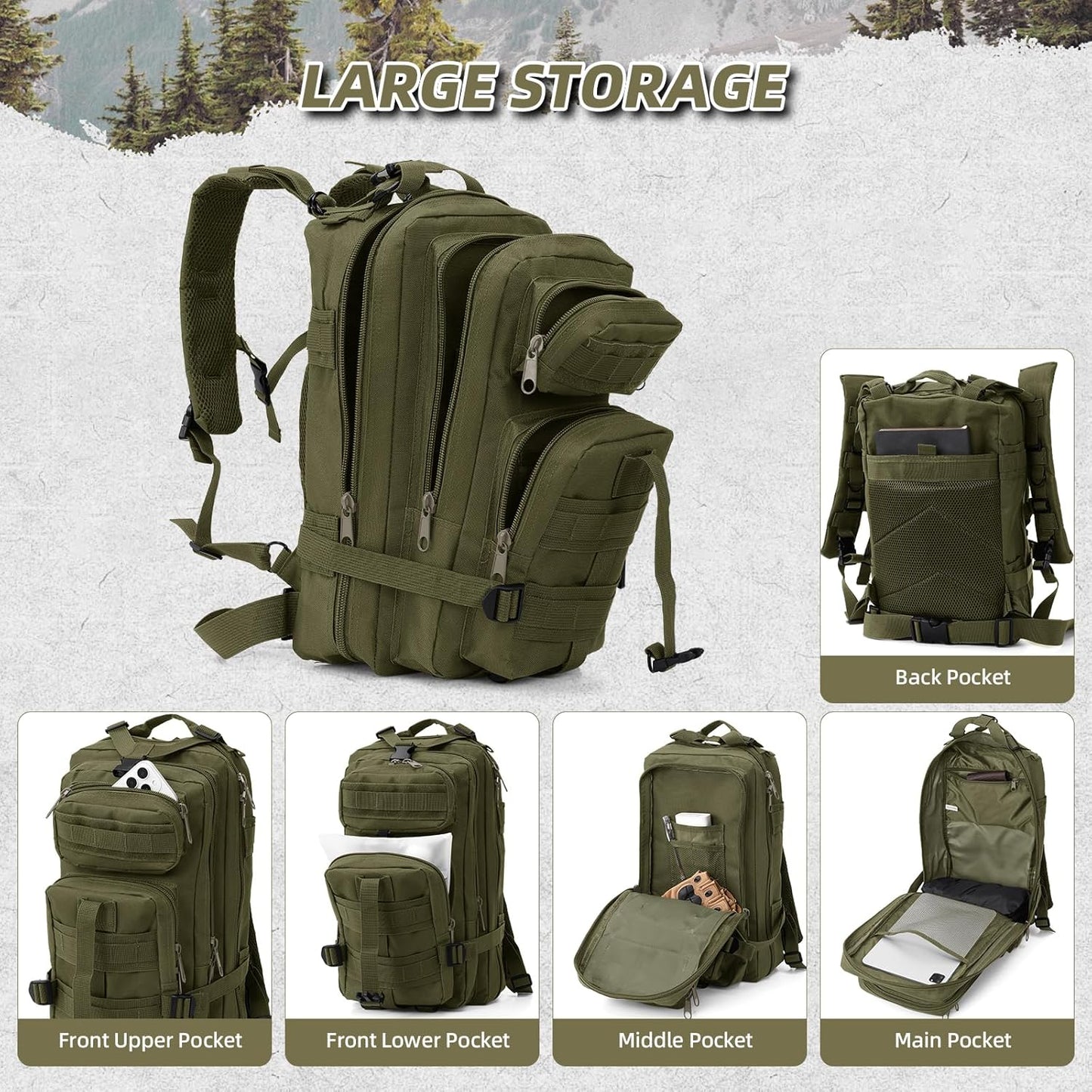 Small Military Tactical Backpack, 30L Tactical Assault Bag for Men, Army Assault Rucksack GYM Hiking Backpack Bug Out Bag Amy Green