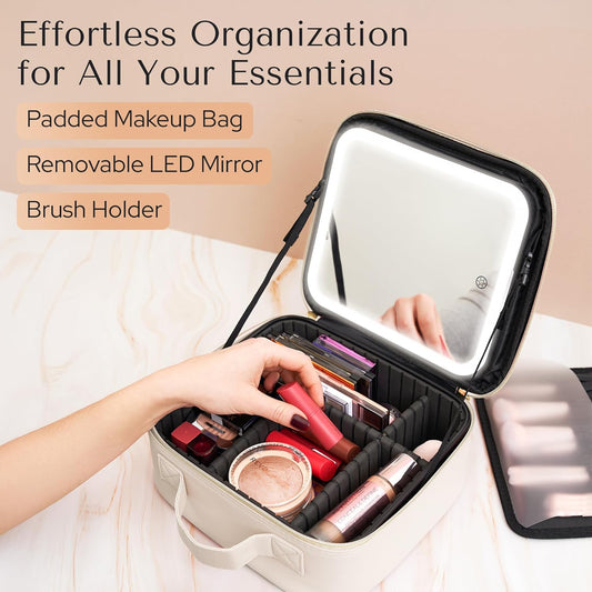 Makeup Bag with LED Mirror – Travel Cosmetic Organizer with Lighted Mirror, Adjustable Dividers & Brush Holder Storage – Portable PU Leather Makeup Case for Women & Girls - Cream