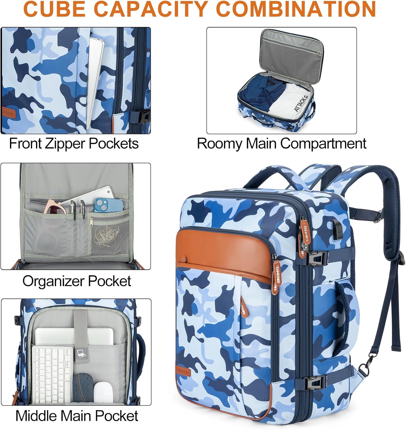 Travel Backpack 42L Carry on Backpack Flight Approved Expandable Travel Backpack Carry on Backpack Luggage Daypack (Blue Camouflage)