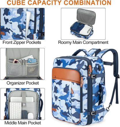 Travel Backpack 42L Carry on Backpack Flight Approved Expandable Travel Backpack Carry on Backpack Luggage Daypack (Blue Camouflage)