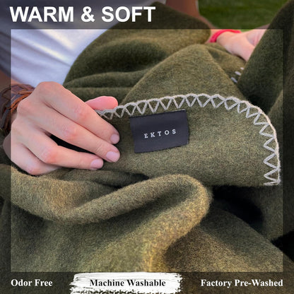 EKTOS 100% Virgin Wool Blanket, 50" x 60", Perfect for Camping, Outdoor Essentials (Olive Green, Throw Size)