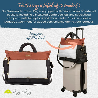 Itzy Ritzy Dream Weekender Travel Bag – Lightweight Overnight Bag with Base Compartment, 12 Pockets, Bottle Holders & Strap