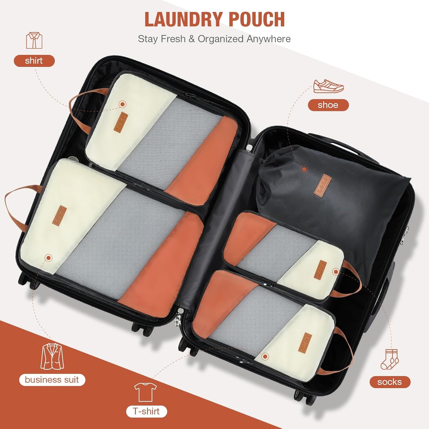 Packing Cubes for Travel, Compression 6 Set Organizer Bags for Women with Shoe Bag & Laundry Pouch, Luggage Organizers for Suitcase, Carry On & Trips, Travel Essentials