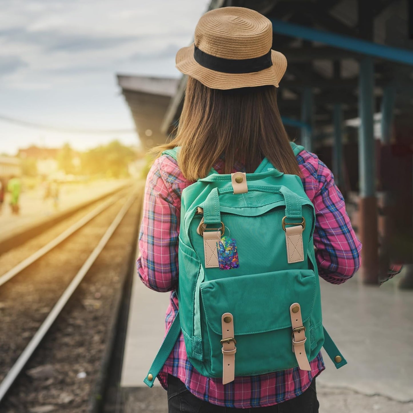 Abstract Colorful Butterfly 3 PCS PU Leather Luggage Tags for Suitcase, Luggage Tag with Privacy Flap, Name ID Label and Metal Loop for Women Men Baggage Handbag School Bag Backpack